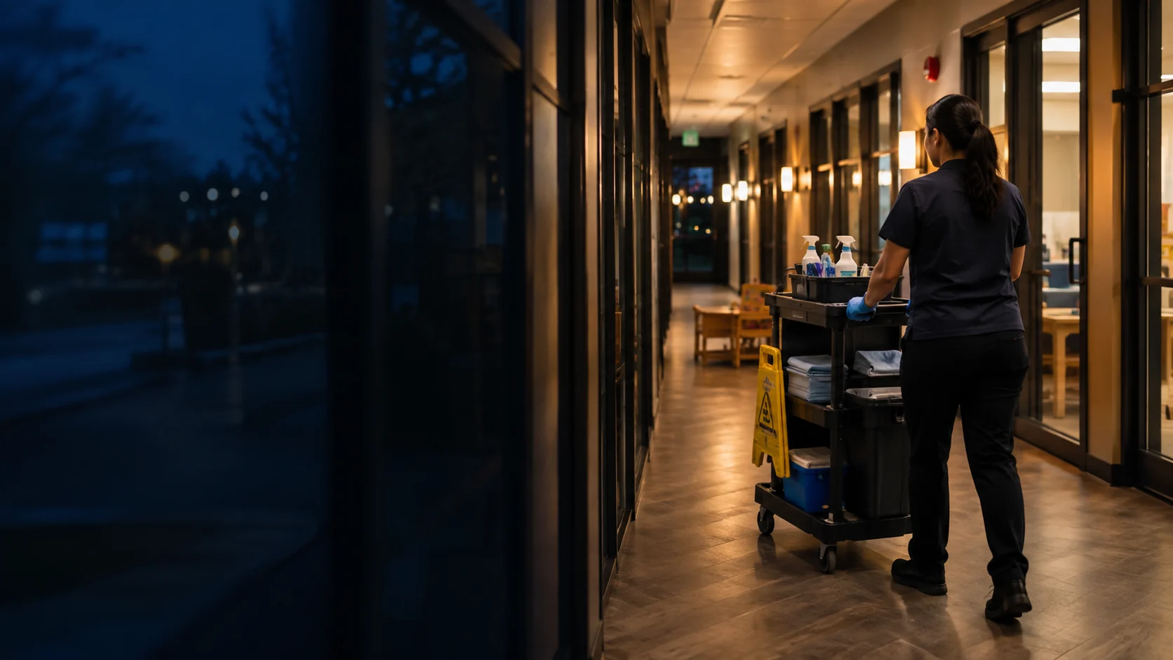 Illustrative evening view of a commercial corridor and cleaning cart