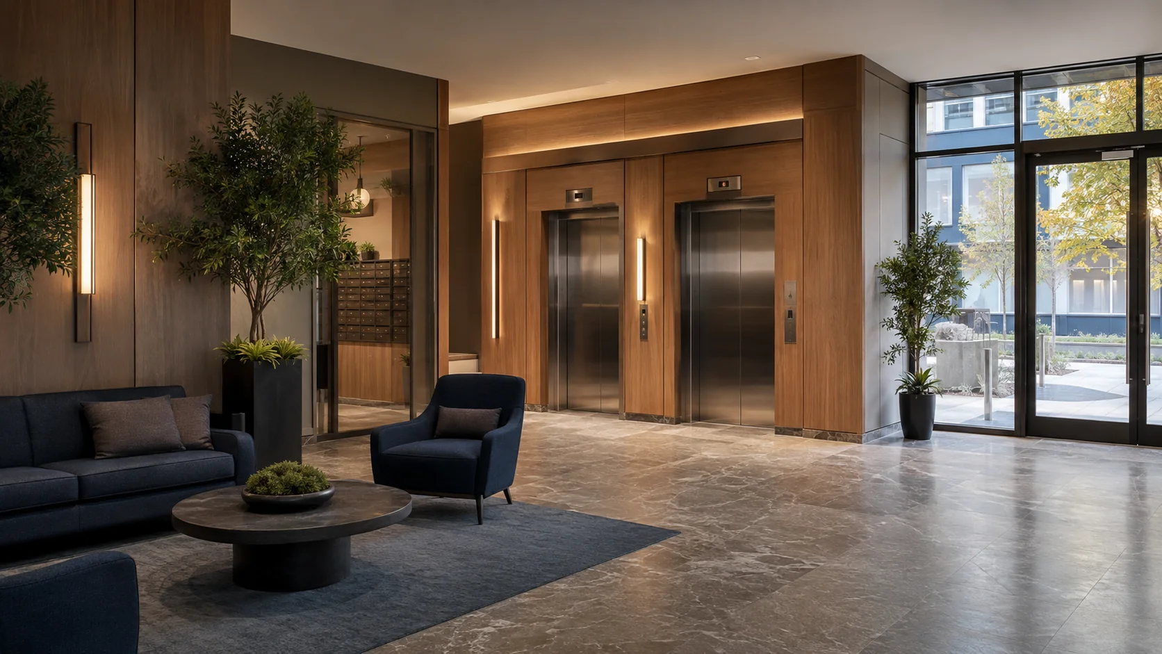 Illustrative shared building lobby with lifts and reception seating